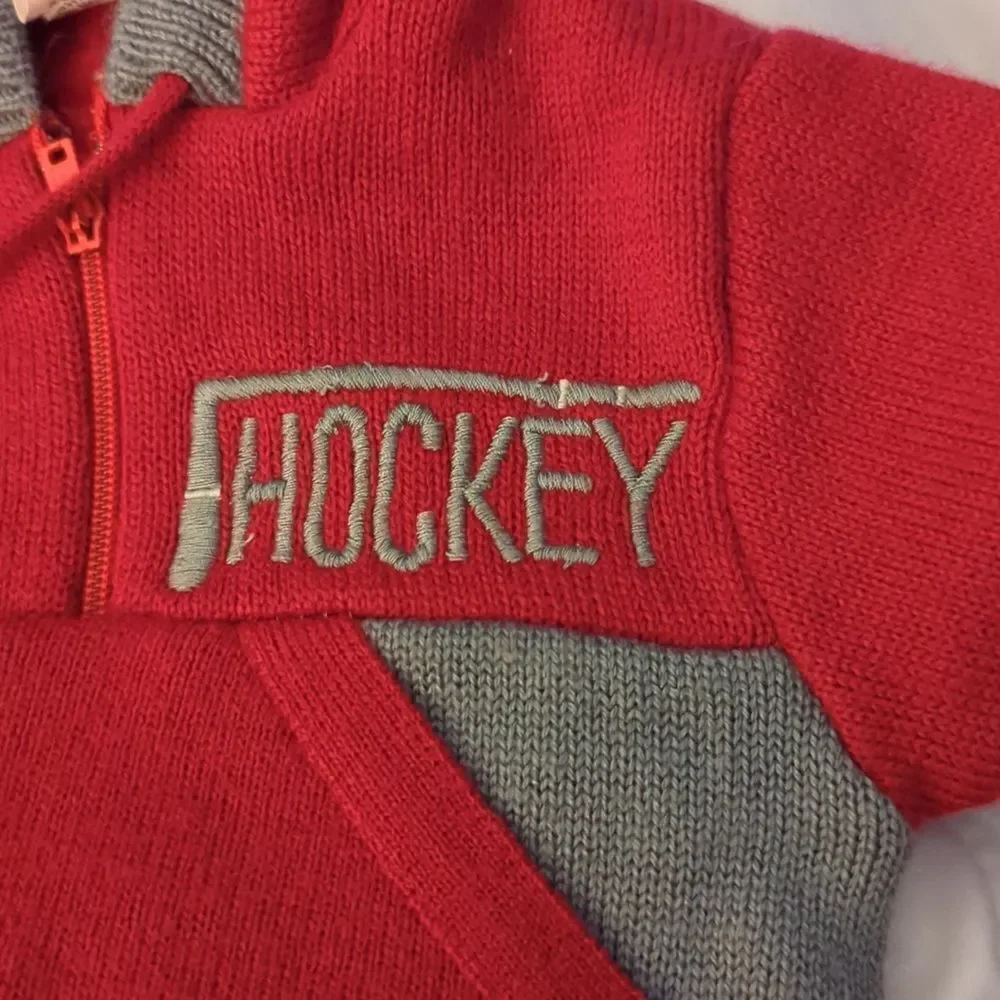 Vintage red and gray embroidered hockey knit‎ hooded sweater size 12 months